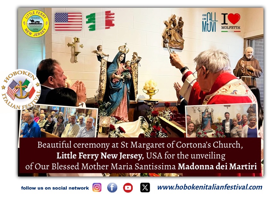 Blessing small statue of Madonna dei Martiri in Little Ferry NJ: SMdM and HIF present