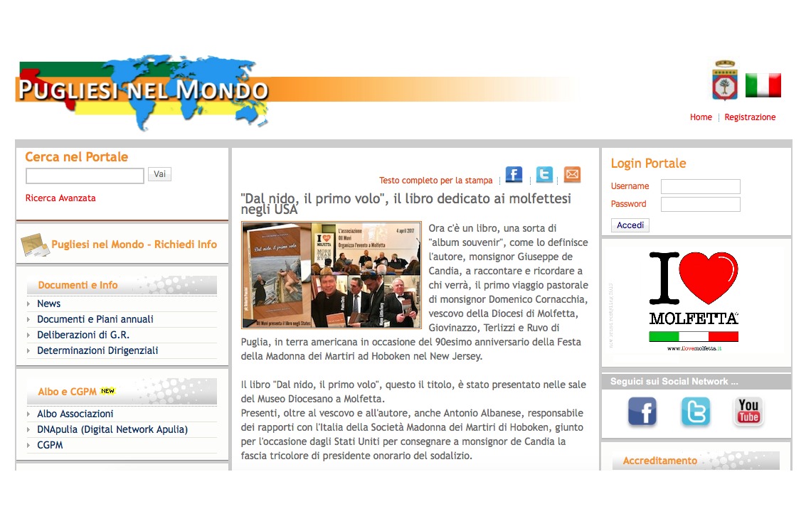 L'ufficio Pugliesi nel Mondo della Regione Puglia, sul sito web, parla di Molfetta