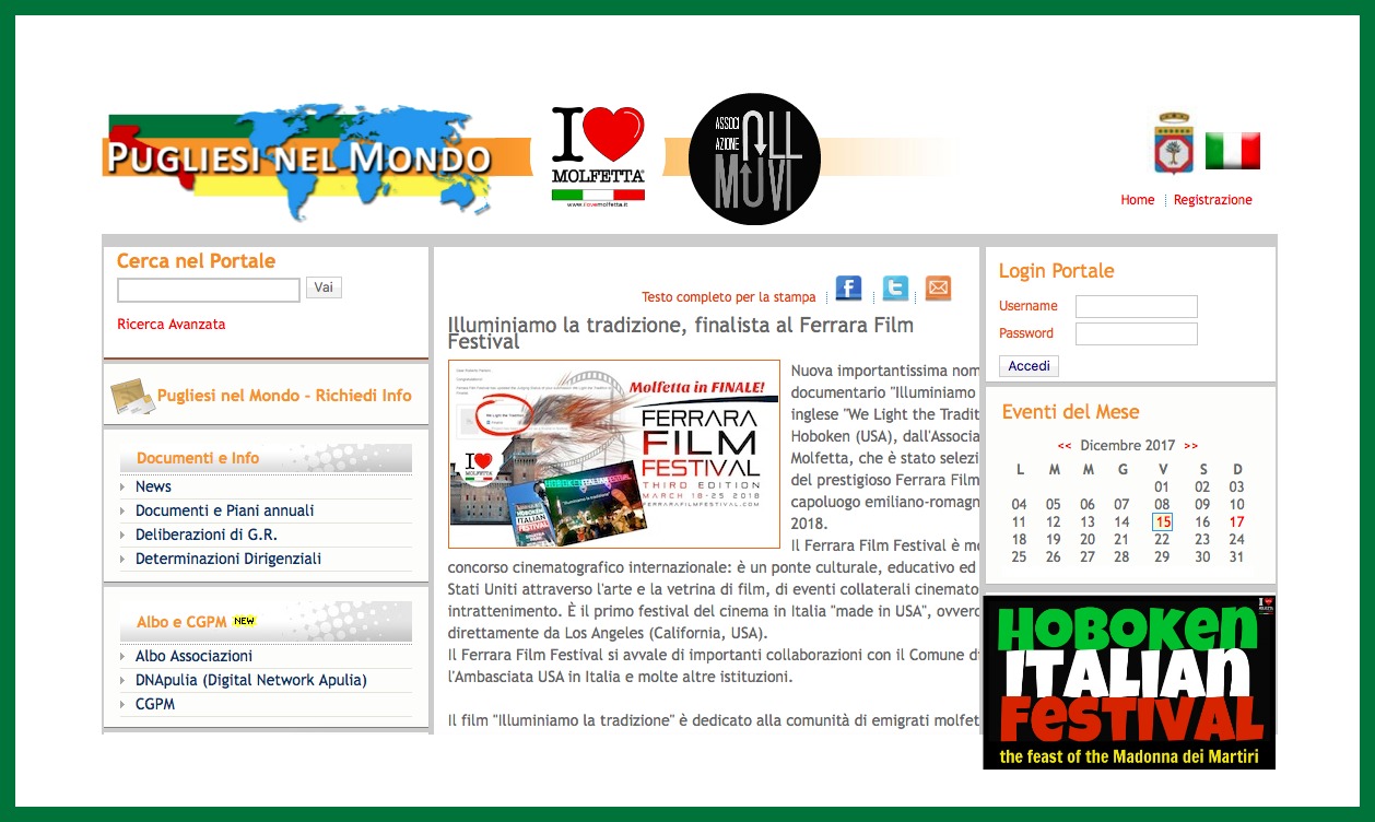 Sul sito ufficiale Regione Puglia Pugliesi nel Mondo si parla di Molfetta e Hoboken