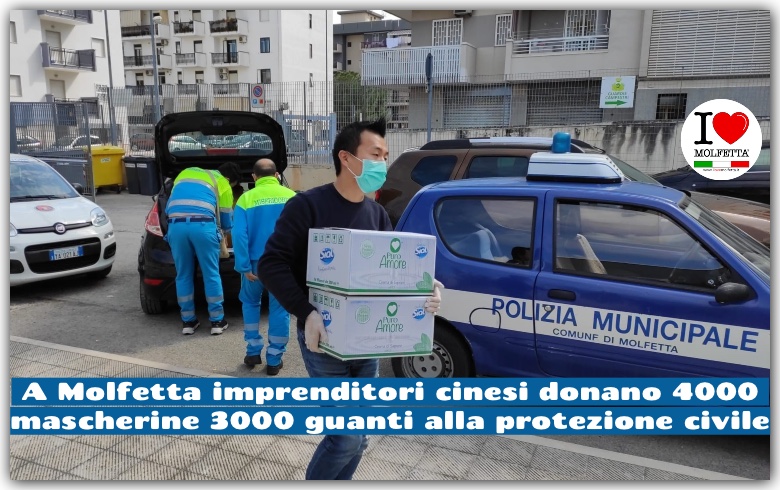 A Molfetta imprenditori cinesi donano 4mila mascherine 3mila guanti alla protezione civile