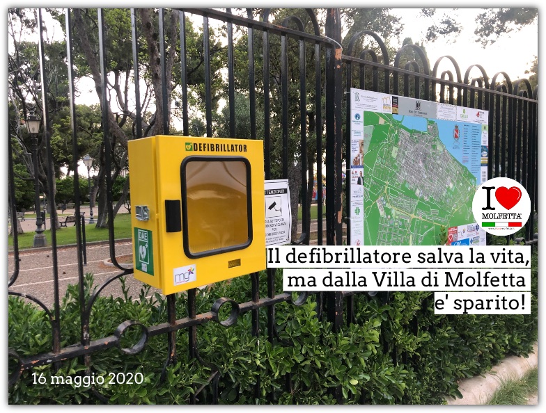 Il defibrillatore salva la vita, ma dalla Villa di Molfetta e' sparito