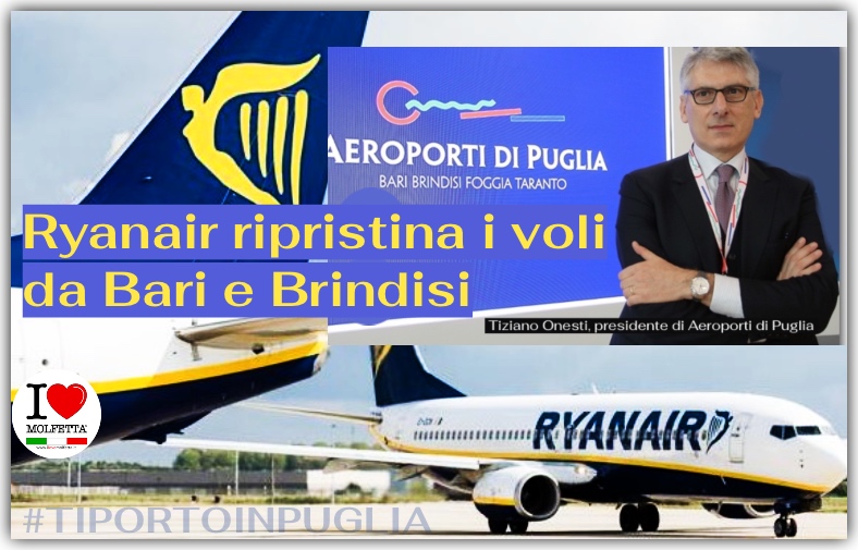 Ryanair ripristina i voli da Bari e Brindisi