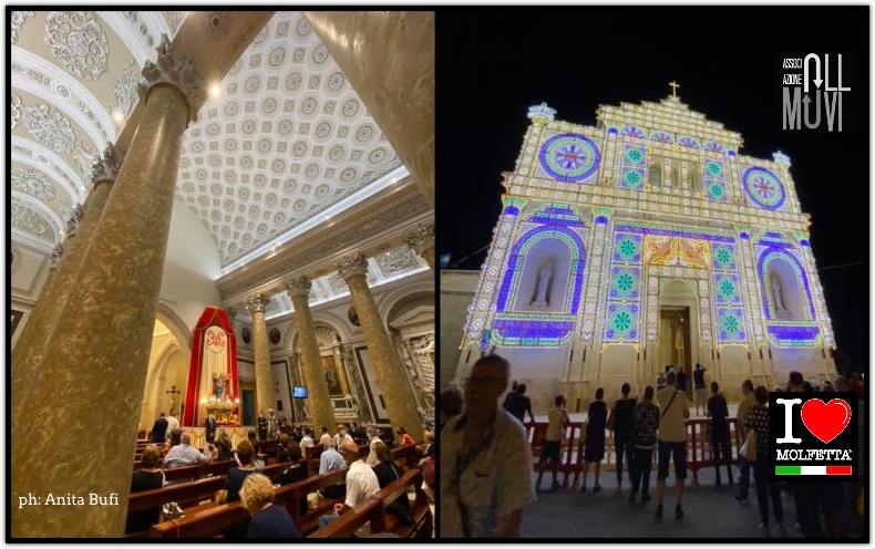 Le luminarie abbelliscono la facciata della Basilica MdM a Molfetta