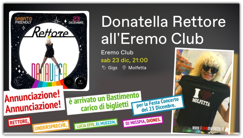 A Molfetta ritorna Donatella Rettore: Eremo Club